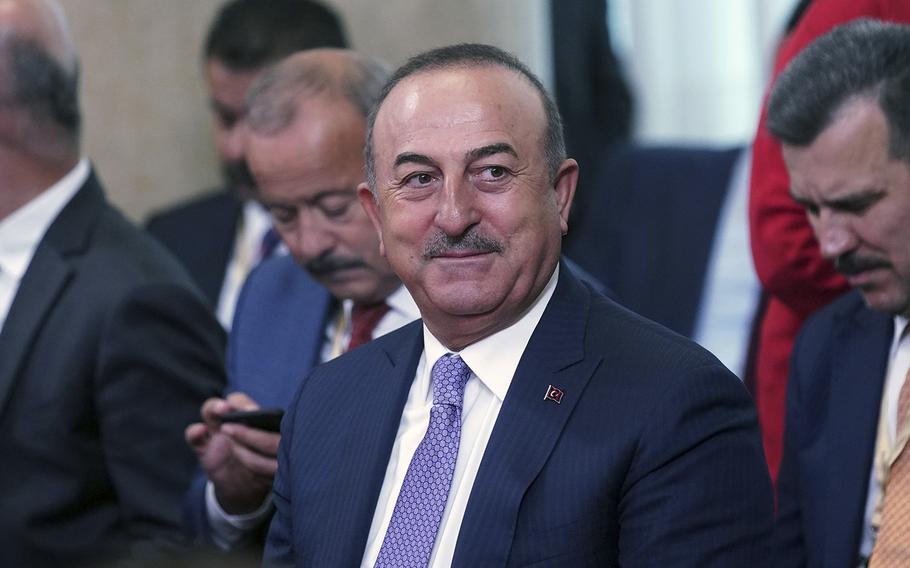 Mevlut Cavusoglu, Turkey’s foreign minister, attends a news conference with Turkey’s President Recep Tayyip Erdogan and Serbia’s President Aleksandar Vucic at the Palace of Serbia in Belgrade, on Sept. 7, 2022. 