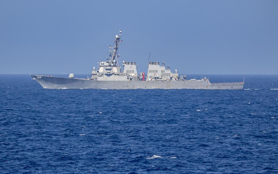 The guided-missile destroyer USS Higgins steams through the Philippine Sea, March 25, 2024.