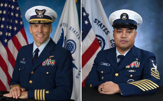 Side-by-side portraits of two Coast Guard officers in dress uniforms in front of U.S. and Coast Guard flags.