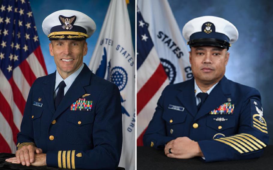 Side-by-side portraits of two Coast Guard officers in dress uniforms in front of U.S. and Coast Guard flags.