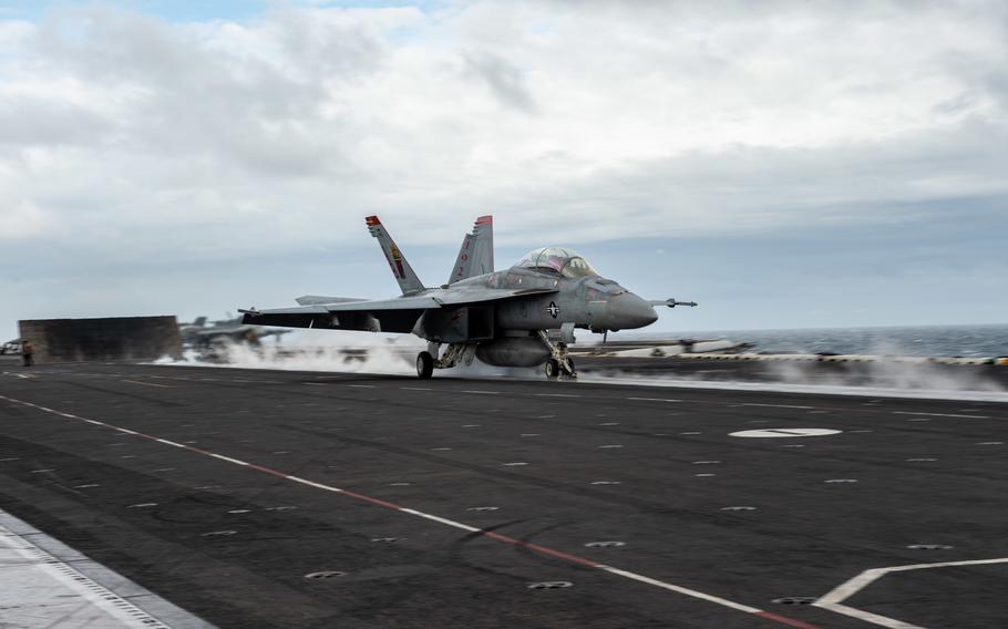 An F/A-18F Super Hornet, attached to the “Red Rippers” of Strike Fighter Squadron 11, launches from the flight deck of the aircraft carrier USS Harry S. Truman in the Adriatic Sea on Feb. 22, 2022. 