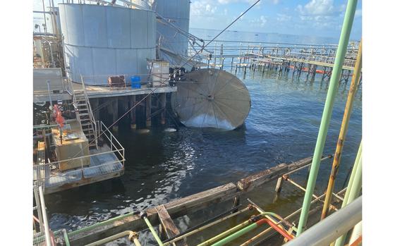 The Coast Guard is responding to an oil spill after an oil tank platform collapsed at the Hilcorp Caillou Island facility in Terrebonne Bay, La., Aug. 8, 2022. 
