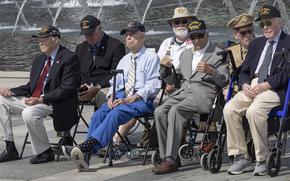 Among the six World War II veterans on hand for the 20th anniversary celebration of the National World War II Memorial were, left to right in the front row, Les Jones, Callan Saffell, Frank Cohn and Jeffrey Donahue,, May 25, 2024 in Washington, D.C.