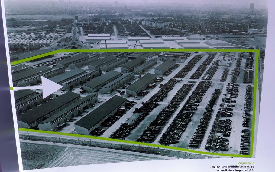 A vintage photo displayed at the Bundesgartenschau in Mannheim, Germany, shows the U.S. Army’s Spinelli Barracks, with its warehouses and military vehicles.