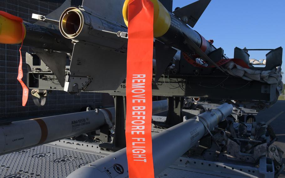 A “Remove Before Flight” tag hangs from an AIM-9M Sidewinder missile at Tyndall Air Force Base, Fla., on May 10, 2022. 