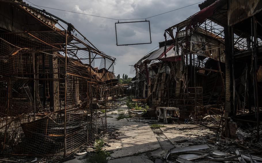 The destroyed section of the Barabashovo market area, one of the largest markets in eastern European in the city of Kharkiv, Ukraine, on Aug. 11, 2022. Part of the market was destroyed by Russian shelling earlier during the war. 