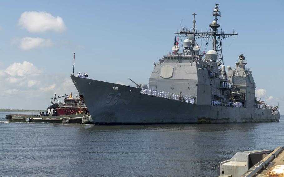 The Ticonderoga-class guided-missile cruiser USS San Jacinto (CG 56) returns to Naval Station Norfolk on Aug. 9, 2020, after a regularly scheduled deployment in support of maritime security operations and theater security cooperation efforts in U.S. 5th and 6th Fleet. 