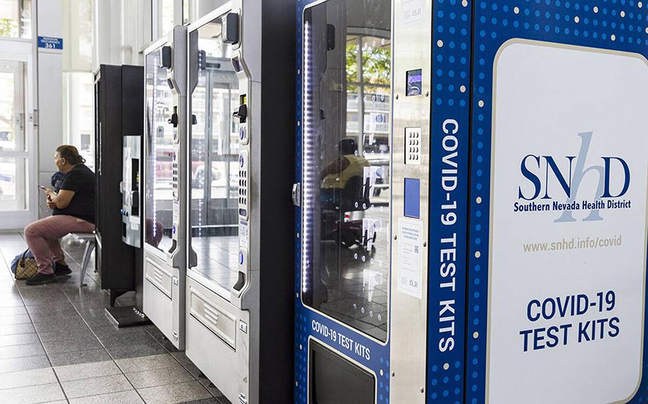 A COVID-19 test kit vending machine at the Regional Transportation Commission’s Bonneville Transit Center, on June 9, 2022, in Las Vegas. 