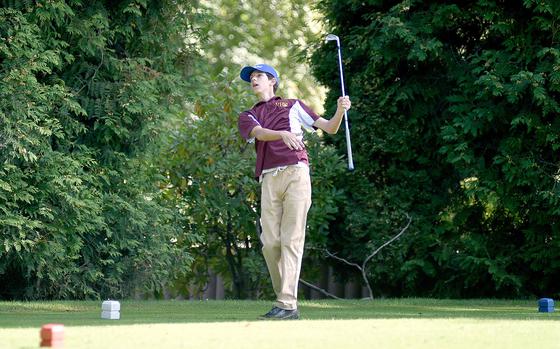 Vilseck's Finneas Horgan watches his shot off the tee during the No. 10 hole on Sept. 28, 2023, at Woodlawn Golf Course on Ramstein Air Base, Germany. Horgan enters the DODEA European golf championships this week at Woodlawn Golf Course as the top seed with the highest overall average during the season.
