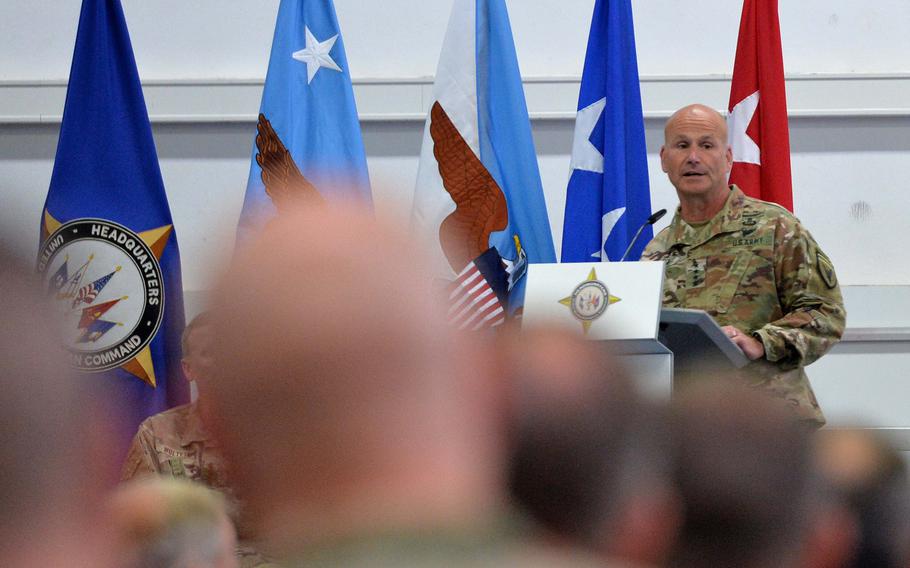Gen. Christopher Cavoli speaks after taking command of EUCOM at a ceremony in Stuttgart, Germany, July 1, 2022. Cavoli took over U.S. European Command from Gen. Tod Walters, who is retiring after 40 years in the Air Force.