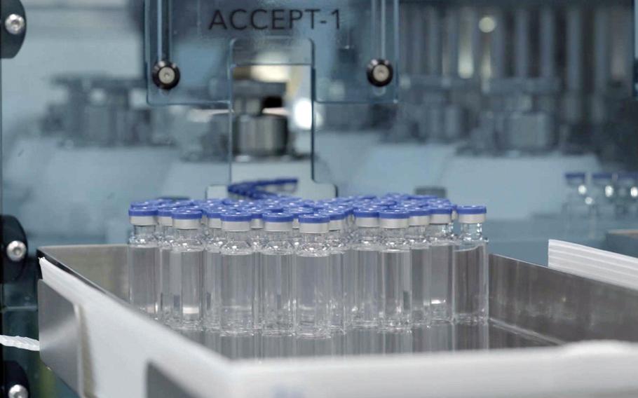 Vials of freshly manufactured Novavax COVID-19 vaccines wait to be labeled in 2022 in Pune, India. The U.S. is getting another COVID-19 vaccine choice as the Food and Drug Administration on Wednesday, July 13, 2022, cleared Novavax shots for adults.