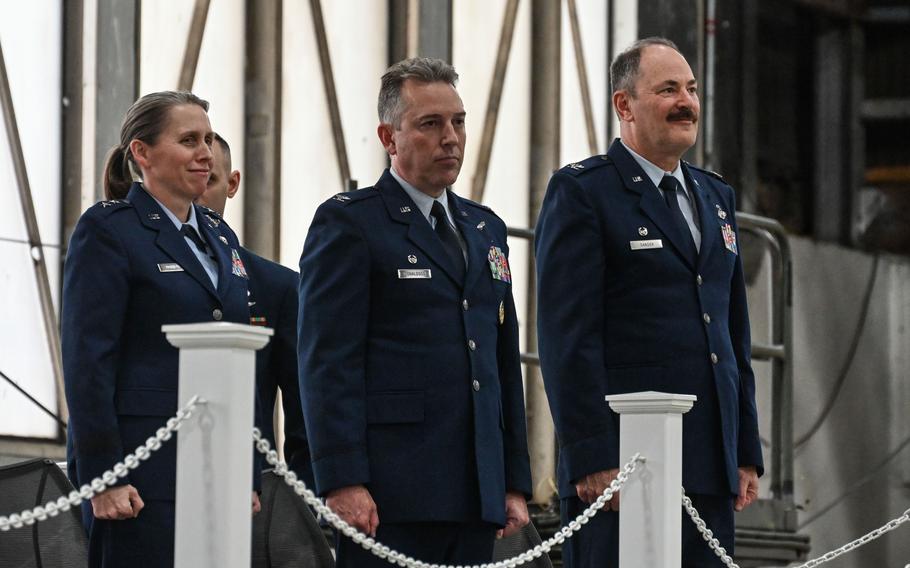 Maj. Gen. Denise Donnell, Col. Christian Sander and Col. Robert Donaldson stand at attention during the 109th Air Wing change of command ceremony at Stratton Air National Guard Base in Scotia, N.Y., on Saturday, March 2, 2024. During the ceremony, command passed from Sander to Donaldson.