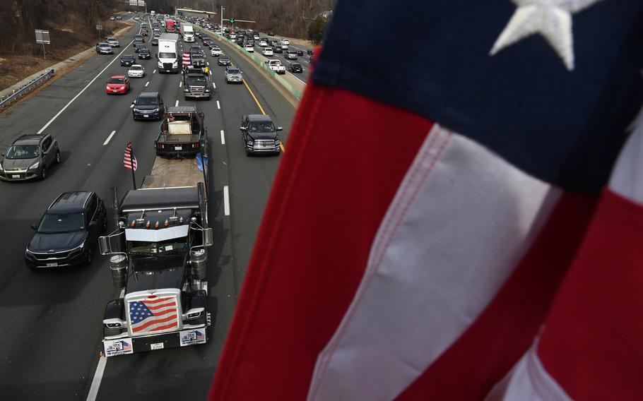 A convoy protesting coronavirus-related mandates makes its way along Interstate 495 South on March 6 in McLean, Va.