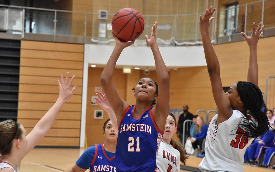 Ramstein’s Feliciana Davis gets set to shoot Friday, Feb. 16, 2024, in a Division I semifinal game at the DODEA European Basketball Championships in Wiesbaden, Germany.