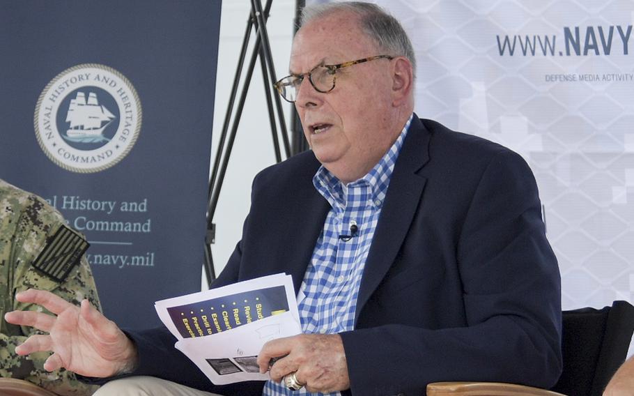 Retired Navy Capt. Paul Rinn speaks during an event aboard the guided-missile destroyer USS Truxtun (DDG 103) on June 19, 2019, in Norfolk, Va.