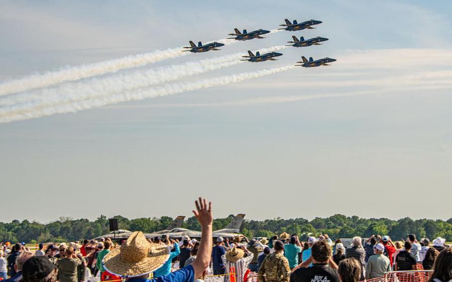 The Blue Angels perform at the Beyond the Horizon Air and Space Show at Maxwell Air Force Base in Montgomery, Ala. 