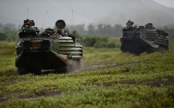 This photo taken on October 7, 2016 shows US marines amphibious assault vehicles (AAV) taking part in the US-Philippines joint annual beach landing exercise on the shores facing the South China Sea in San Antonio town, Zambales province, north of Manila.
