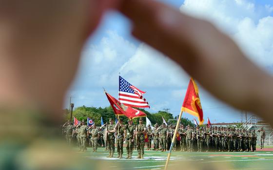 Members of the 3rd Marine Division mark the division’s 80th anniversary with a ceremony at Camp Hansen, Okinawa, Wednesday, Sept. 14, 2022. 