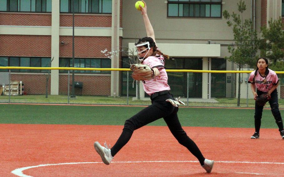 Humphreys right-hander Alexis Montalvo gets set to deliver against Osan during Thursday's DODEA-Korea softball doubleheader. The Blackhawks won 18-2 and 13-12.