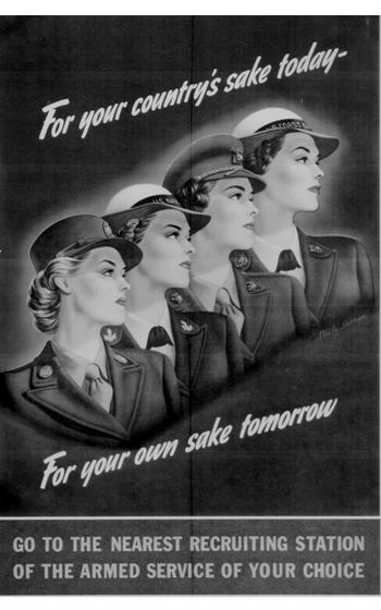 A poster of four women seen from the shoulders up looking into the distance, with text on top reading “For your country’s sake today” and on the bottom reading “For your own sake tomorrow.” A second sentence at the bottom urges viewers to go to their nearest recruiting station.