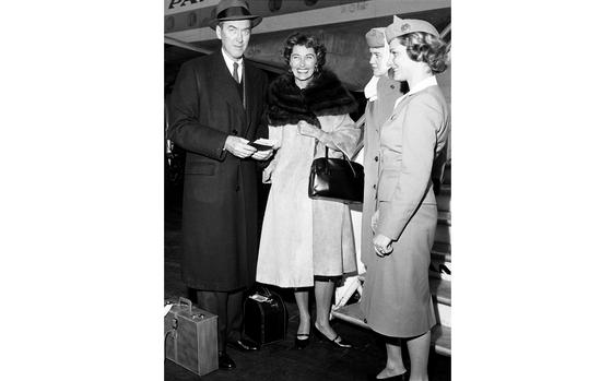 Frankfurt, Germany, February, 1959: Actor Jimmy Stewart and his wife, Gloria, stop at the Rhein-Main airport on their way to Berlin. With the Stewarts — who were returning from a tiger-hunting expedition in India — are flight attendants Ingeborg Dehm, right, and Christa Keller. Stewart flew 20 combat missions over Europe as a member of the Army Air Corps during World War II, and in the postwar years rose to the rank of brigadier general in the Air Force Reserve.