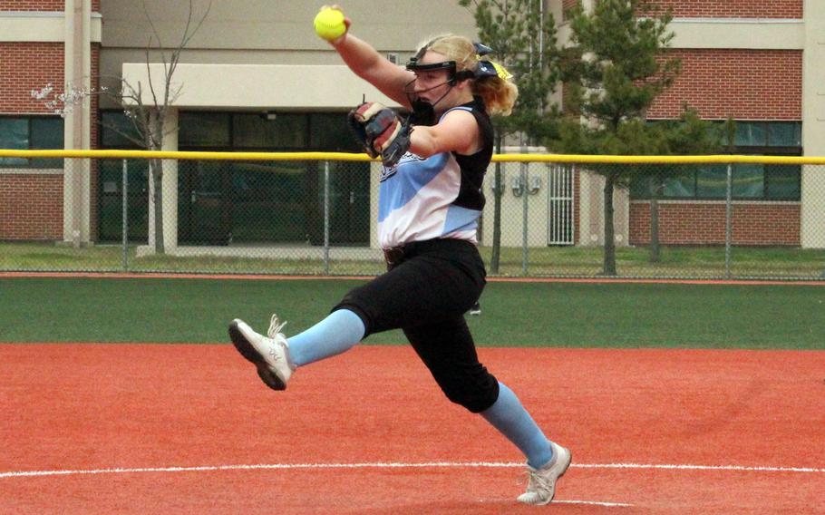 Osan right-hander Maddy Snith kicks and delivers against Humphreys during Thursday's DODEA-Korea softball doubleheader. The Blackhawks won 18-2 and 13-12.