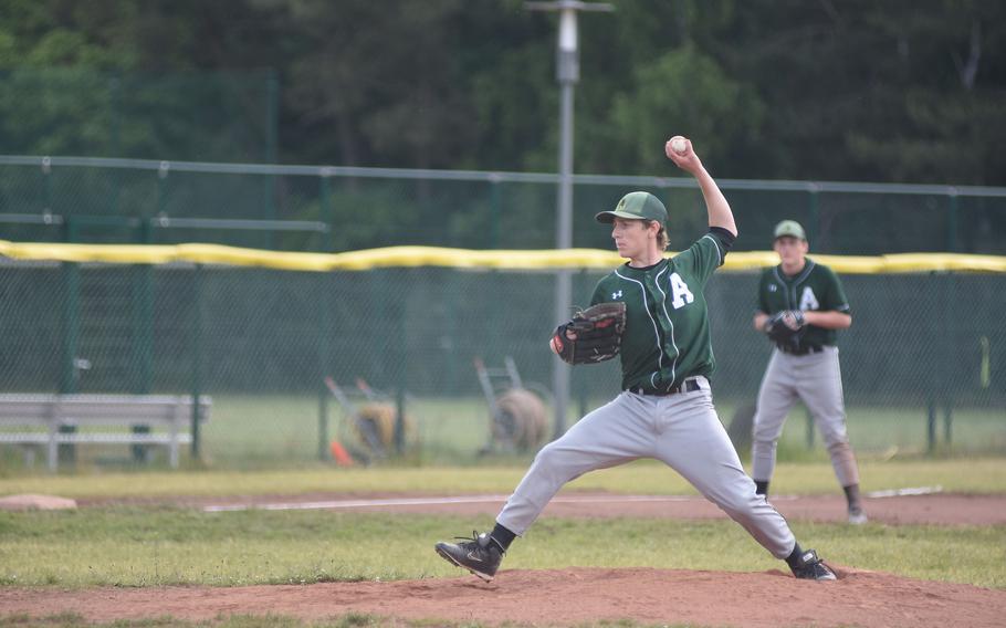Alconbury pitcher Andrew Barbee gets set to fire the ball home Wednesday, May 21, 2025, during the opening day of the DODEA-Europe Division II/III baseball championships at Kaiserslautern, Germany.
