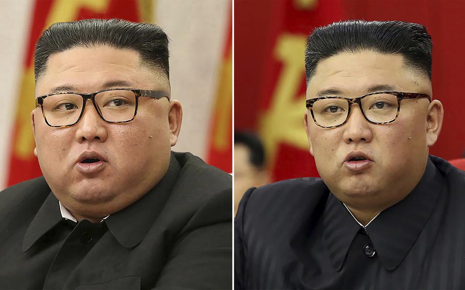 This combination of file photos provided by the North Korean government, shows North Korean leader Kim Jong Un at Workers’ Party meetings in Pyongyang, North Korea, on Feb. 8, 2021, left, and June 15, 2021. 