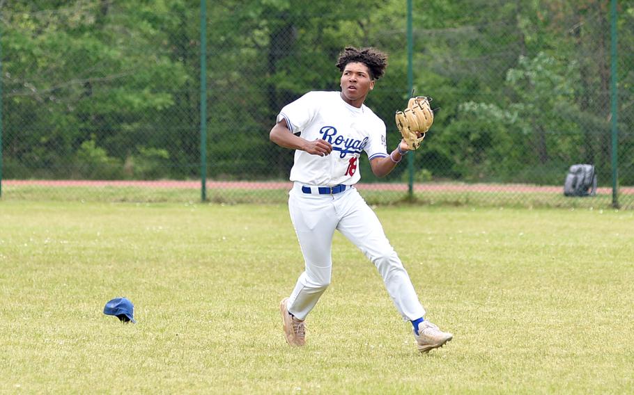 Ramstein right fielder Rueben Todman catches a fly ball during the Division I DODEA European baseball championship game against Stuttgart on May 20, 2023, at Southside Fitness Center on Ramstein Air Base, Germany.