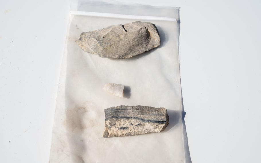 Fragments recovered from a recently discovered Paleo-Archaic site at Holloman Air Force Base, New Mexico, on March 7, 2024.