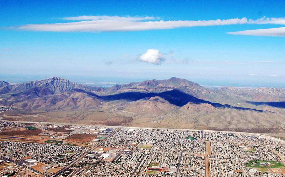 An aerial view of Castner Range as it connects to the city of El Paso, Texas. The range is a noncontiguous piece of Fort Bliss that was last used by the Army as a firing range in 1966.