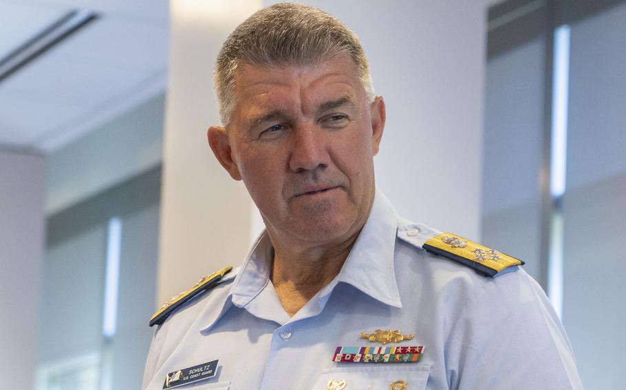 A portrait of retired Coast Guard Adm. Karl Schultz from the shoulders up.