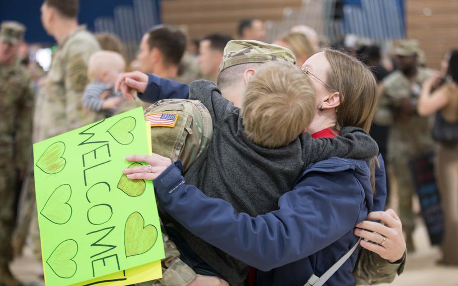 Soldiers from 2nd Stryker Brigade Combat Team, 4th Infantry Division reunite with family members at Fort Carson, Colo., Tuesday, March, 5, 2024, after a nine-month deployment to South Korea. After a briefing by Maj. Gen. David Doyle, the commanding general of 4th Infantry Division, soldiers were released to their families.