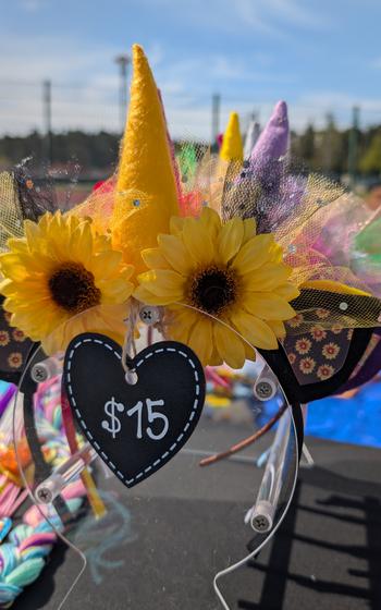 Unique hair band with cat ears, sunflowers and a unicorn horn