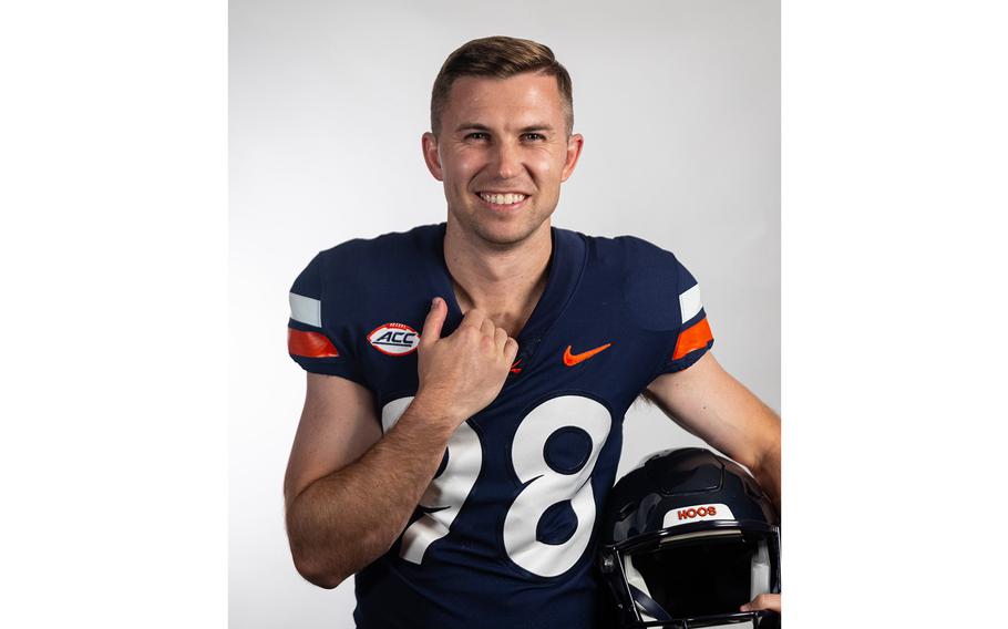 Matt Ganyard, a 34-year-old Marine veteran, is the kickoff specialist for the University of Virginia football team.