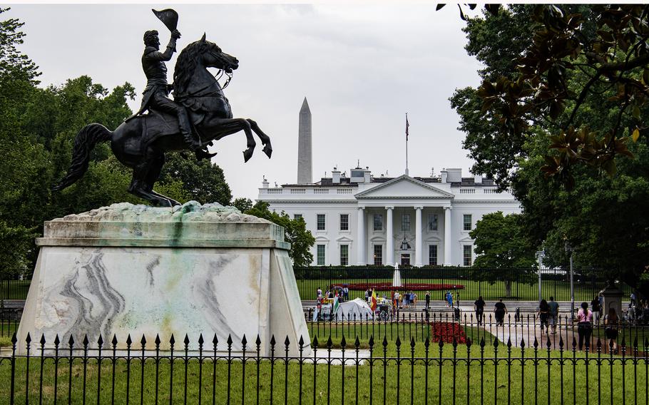 The north side of the White House is seen from Lafayette Park on June 30, 2023. The White House was briefly evacuated July 2, 2023, while President Joe Biden was at Camp David after a suspicious powder was discovered by the Secret Service in a common area of the West Wing, and a preliminary test showed the substance was cocaine.