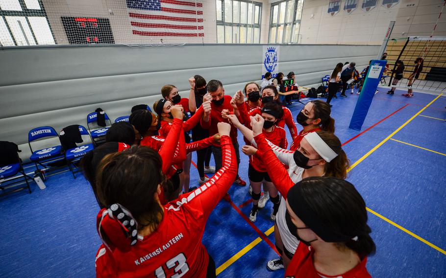 The Kaiserslautern Raiders gather for a pre-game huddle during the DODEA-Europe Division I Volleyball Tournament at Ramstein Air Base, Germany, Oct. 29, 2021 
