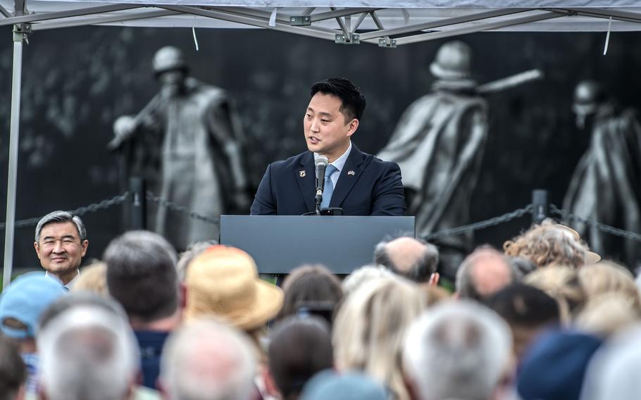 South Korean officials attend the unveiling ceremony of the Wall of Remembrance at the Korean War Memorial in Washington, D.C., on July 26, 2022. Peace activists came to Washington in July 2023 to demand an official end to the Korean War.