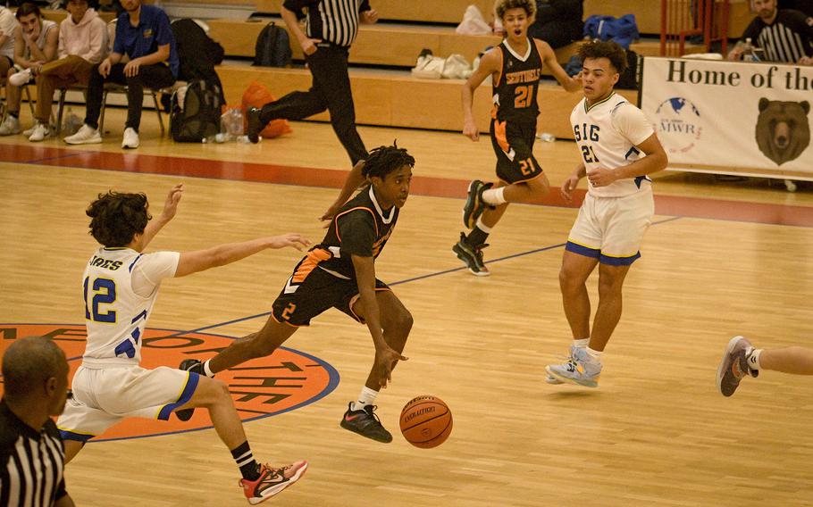 Spangdahlem’s Makario Drummond sprints down the court as part of a fast break during a DODEA-Europe Division III basketball semifinal game Feb. 17, 2023, in Baumholder, Germany.