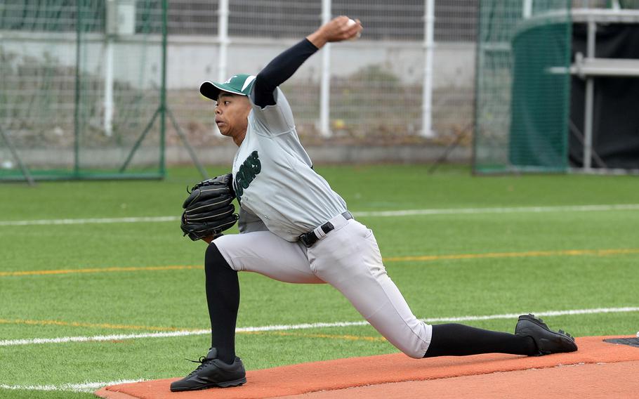 Kubasaki left hander Luka Koja delivers against Zama during Friday's inter-district baseball game. The Dragons  beat the Trojans 6-4.