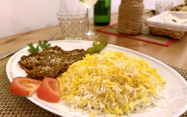 Among the items served at Soraya Persian Taberna and Tea House in Naples, Italy, are appetizers, sides, kebabs and rice platters with vegetarian options. This platter includes mirzaghasemi, a blend of eggplant and roasted tomatoes served with rice and optional eggs. 