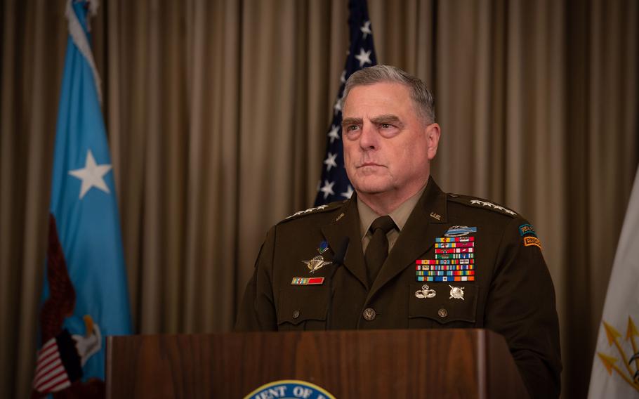 U.S. Army Gen. Mark A. Milley, the chairman of the Joint Chiefs of Staff, takes questions from reporters at the conclusion of the Ukrainian Defense Contact Group meeting at Ramstein Air Base, Germany, Sept. 8, 2022.