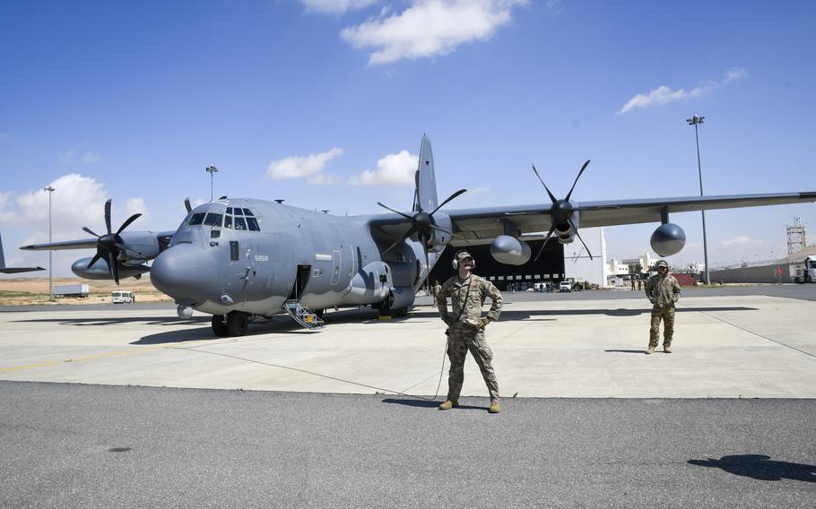 Airmen prepare an Air Force C-130 cargo plane on Wednesday, March 20, 2024, prior to a flight that took off from Jordan that airdropped pallets of food into northern Gaza.