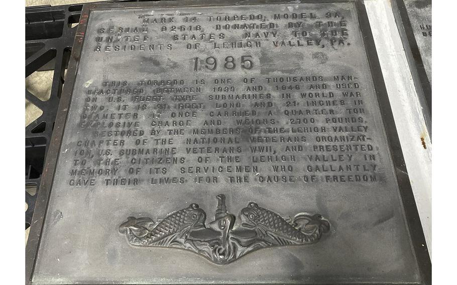 A plaque that was part of a memorial to World War II submarine veterans at the Naval Reserve cener near Lehigh Valley International Airport. 