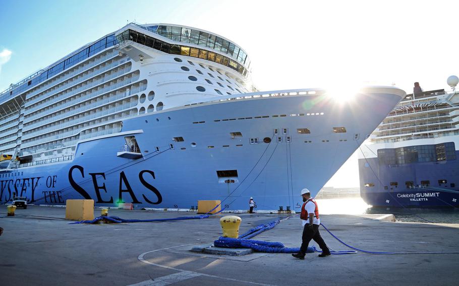 Royal Caribbean’s Odyssey of the Seas, pictured at Port Everglades on June 10, 2021, in Fort Lauderdale, Fla. Fifty-five people contracted COVID-19 on the ship in late December.