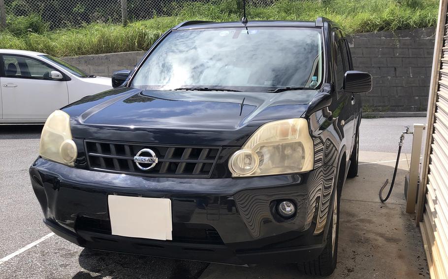 A Nissan X-Trail belonging to Air Force Tech. Sgt. Porter Smith-munroe is impounded at a police lot in Okinawa city, Tuesday, Oct. 10, 2023.