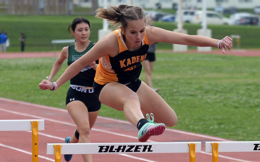 Kadena's Addison Schantz won the 300 hurdles in 56.32 seconds during Tuesday's Okinawa track and field meet.