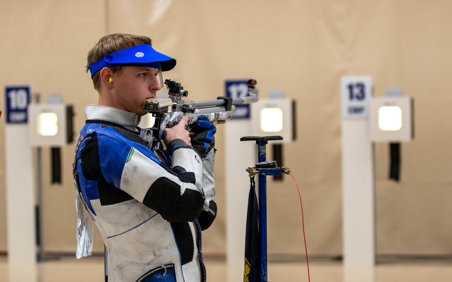 U.S. Army Sgt. Ivan Roe competes in the USA Shooting Air Gun Olympic Trials Part 3 at the Civilian Marksmanship Program (CMP) Judith Legerski Competition Center in Anniston, Ala., Jan. 5-7, 2024.