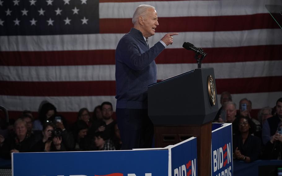 President Joe Biden holds his first campaign event since delivering a fiery State of the Union address, at Strath Haven Middle School on Friday, March 8, 2024, in Wallingford, Pa. 