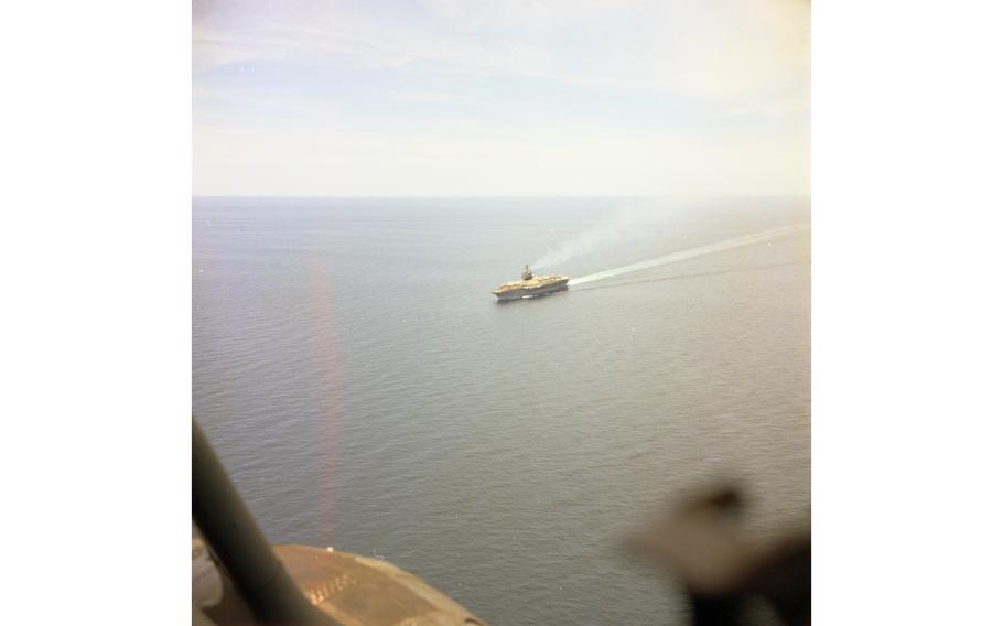 The USS America during Operation Sea Dragon seen from the air, July 15, 1968. The aircraft carrier was conducting naval bombardments at targets north of Dong Hoi, North Vietnam.